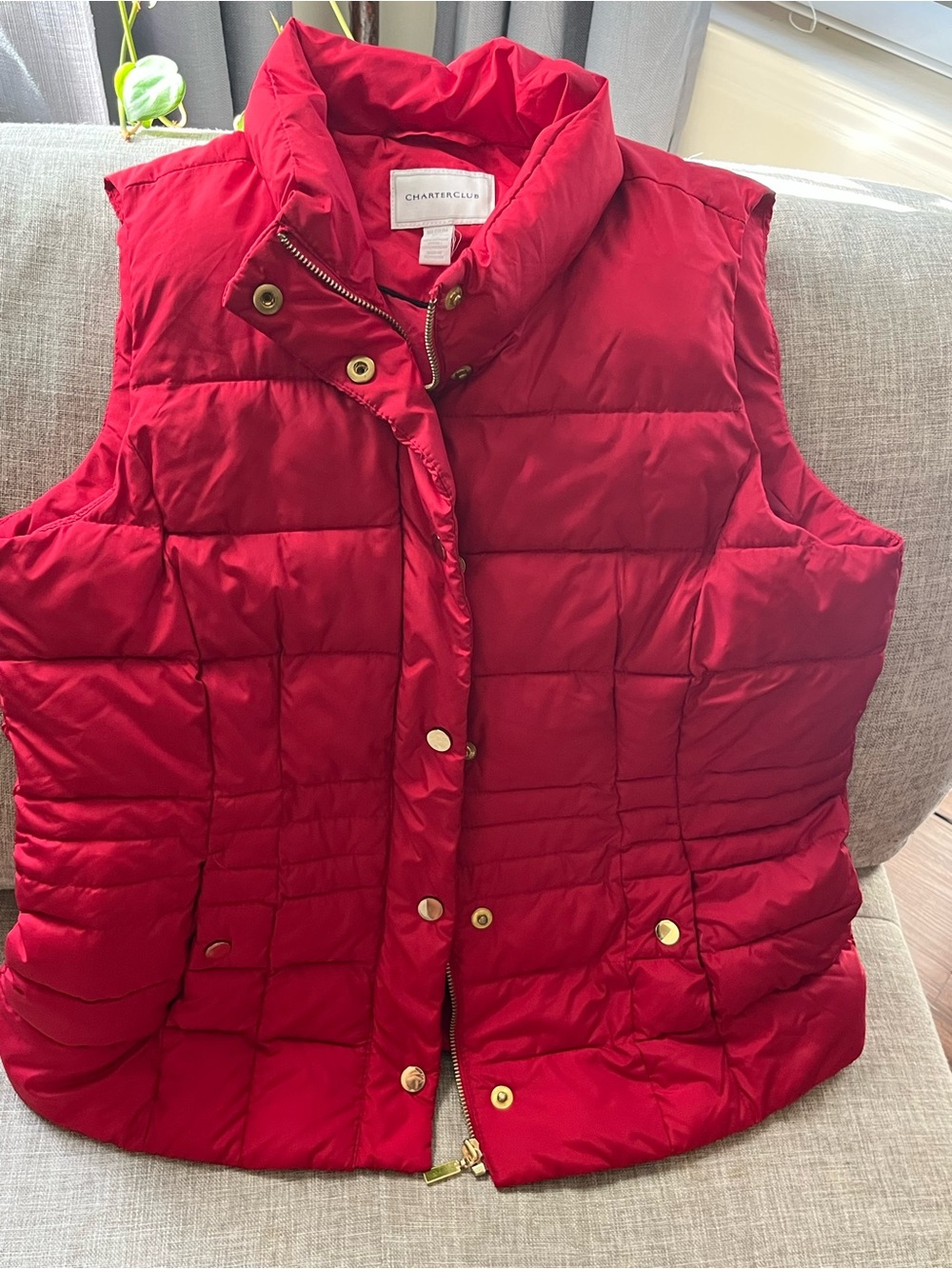 Charter Club Bright Red Quilted Puffer Vest with Gold Hardware